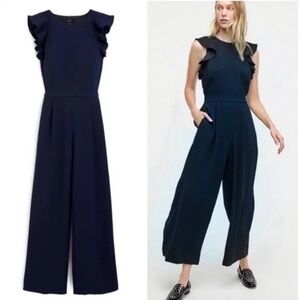 J. Crew Navy Ruffle Sleeve Jumpsuit